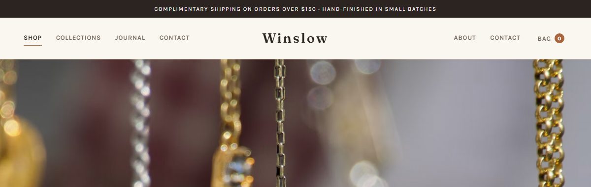 Homepage of Winslow, a concept jewelry site